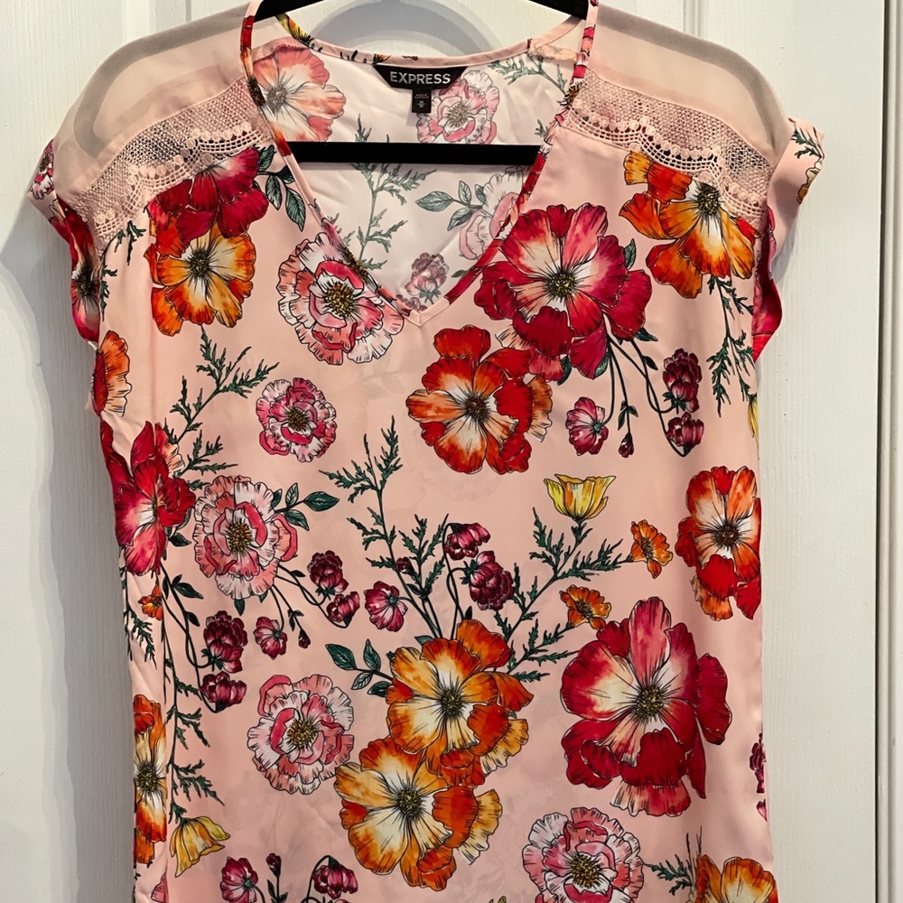 Express Satin Floral Print Short Sleeve Blouse with lace accent and cap sleeves